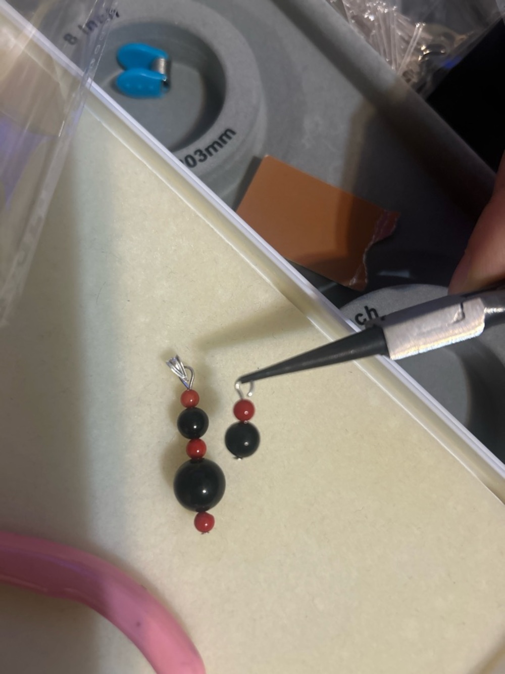 Handmade Azabache black Jet and Red Coral sterling silver long pendant